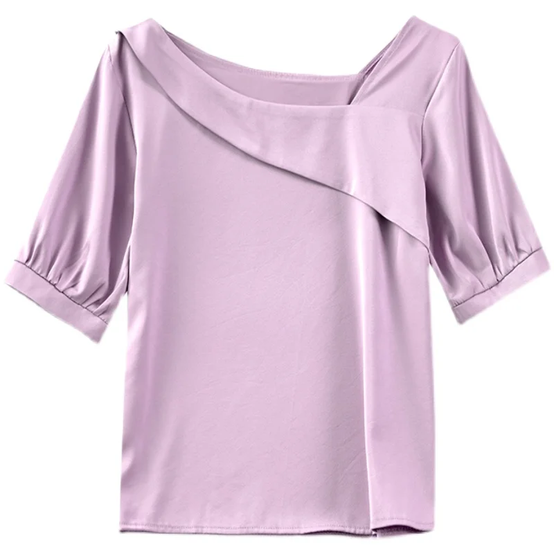

Retro oblique collar puff sleeve top 2021 summer foreign style small shirt temperament satin chiffon shirt women's short sleeves