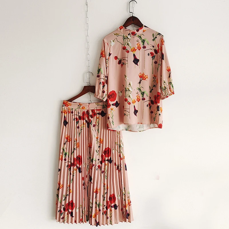 

AELESEEN Runway Fashion 2 pieces Sets 2021 High Quality Designer Bow Color Blouse+ Long Pleated Skirts Pink Flower Print Set