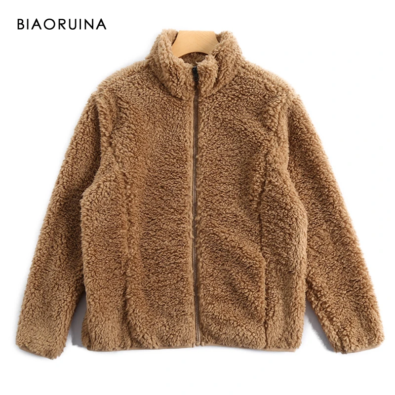 BIAORUINA 4 цвета Женская одноцветная Флисовая теплая куртка из овечьей шерсти