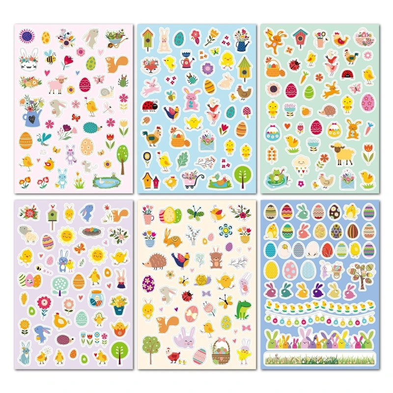 

C90C Cartoon Easter Craft Stickers Adhesive Easter Egg Rabbit Chicken Animal Decorative Decals for DIY Party Favor Supply 6x