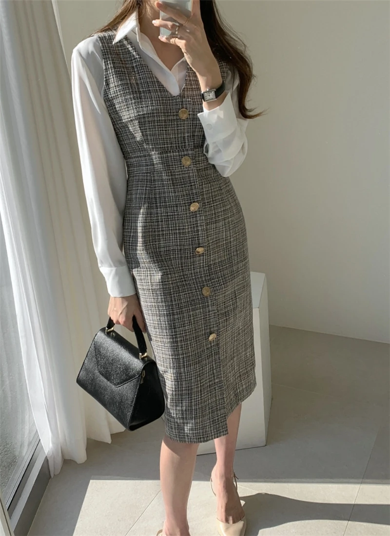 

New 2021 Spring Autumn Women Dresses Sleeveless High Waist Checkered Fashionable Office Lady Wild Long Dress DR1323