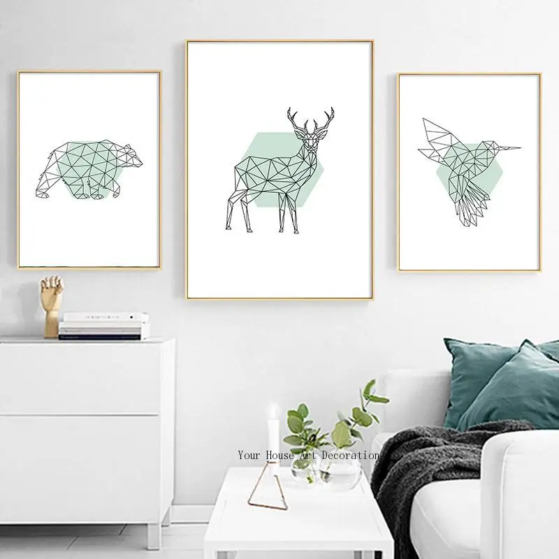 Nordic Canvas Painting Animal Bear Deer Wall Art Poster Minimalist Printed Green Geometry Abstract Picture Home Decor | Дом и сад
