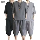 Мужской льняной комплект с китайским ветреным большим кодом, свободные брюки, Повседневный хлопковый костюм Тан из двух предметов, Мужская футболка с графическим рисунком, белая мужская одежда