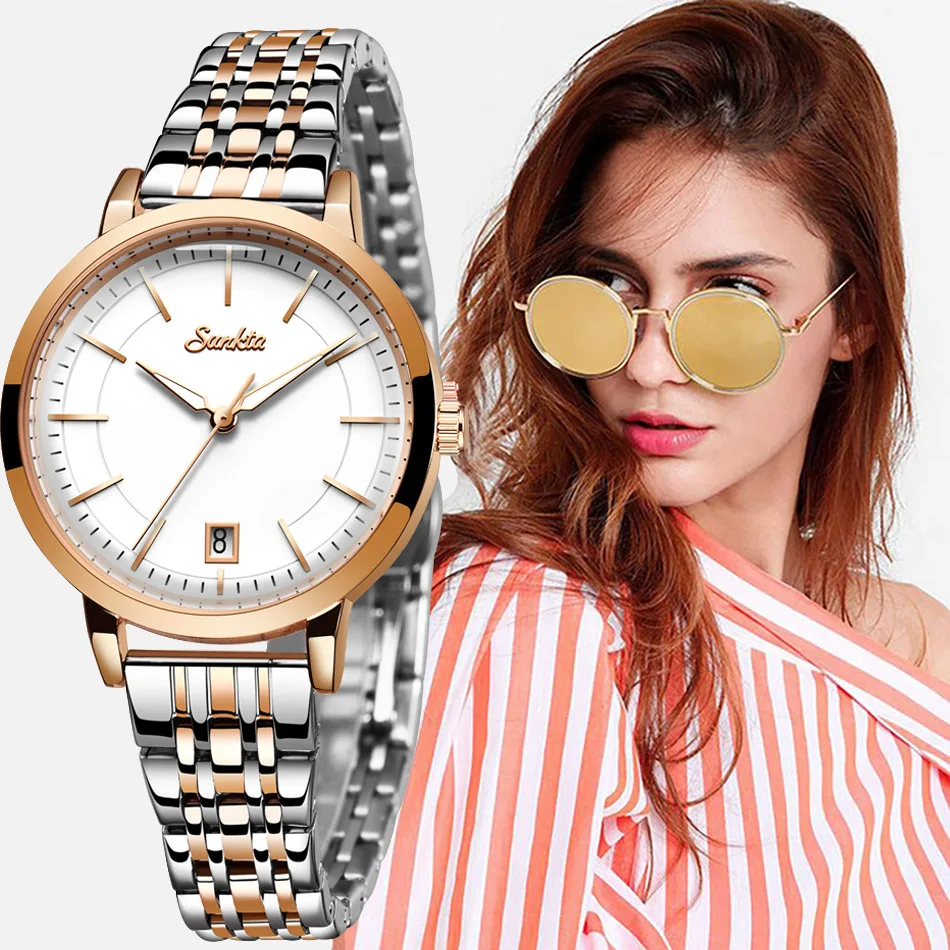 SUNKTA розовое золото женские кварцевые часы Лидирующий бренд роскошные наручные