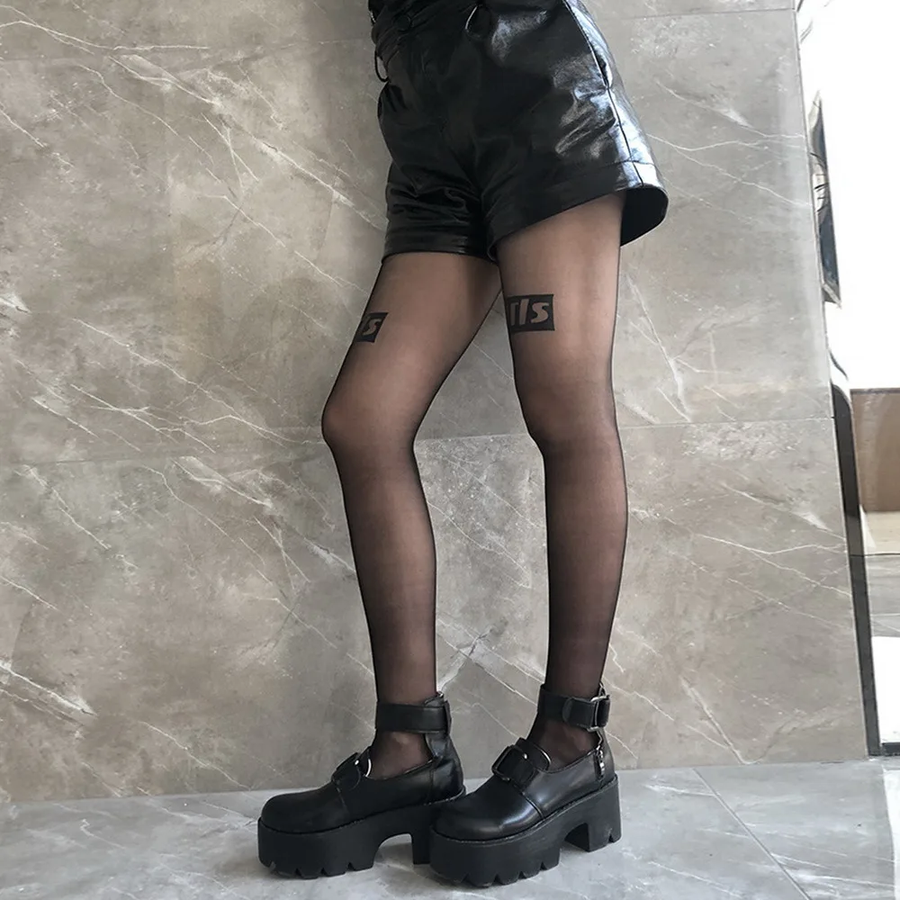 PUIMENTIUA Black Letter Tattoo Tights Women Nylon Transparent Sexy Stockings Sheer Footed Character Pantyhose Dance Club | Женская