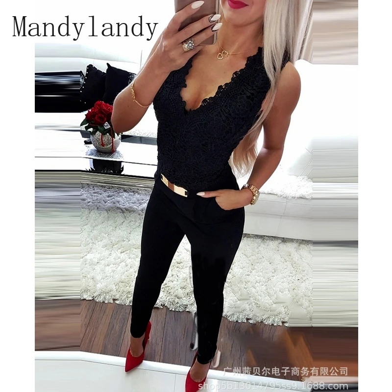 

Комбинезоны Mandylandy без рукавов с V-образным вырезом, однотонные комбинезоны-карандаш с высокой талией, женские повседневные кружевные облег...