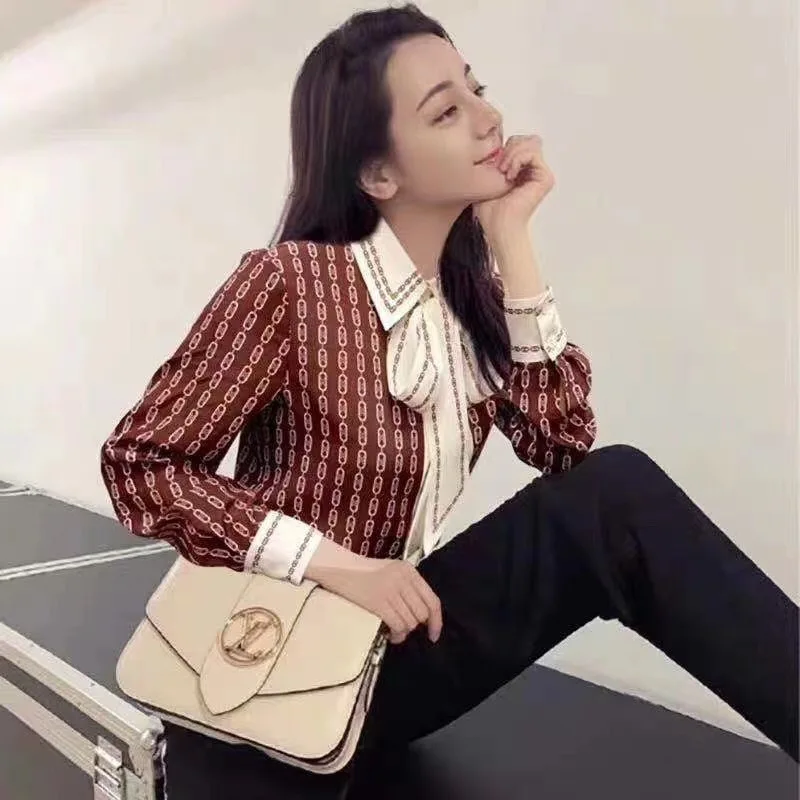 

Blouse 2021 Spring Women Summer High Street Lace Up Bow Collar Long Sleeve Vintage Printed Office Ladies Elegant Tops Y2k Shirts