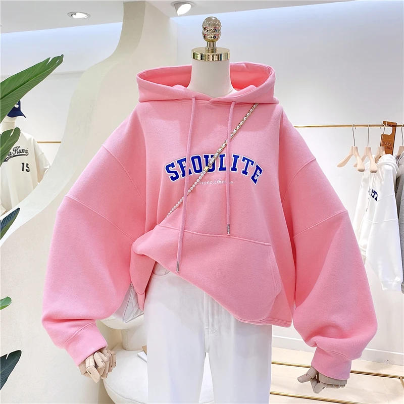 

Fall Oversize Cropped Hoodie for Women Long Sleeve Classic Letter Embroideried Cotton Blend Hooded Sweatshirt Pullovers
