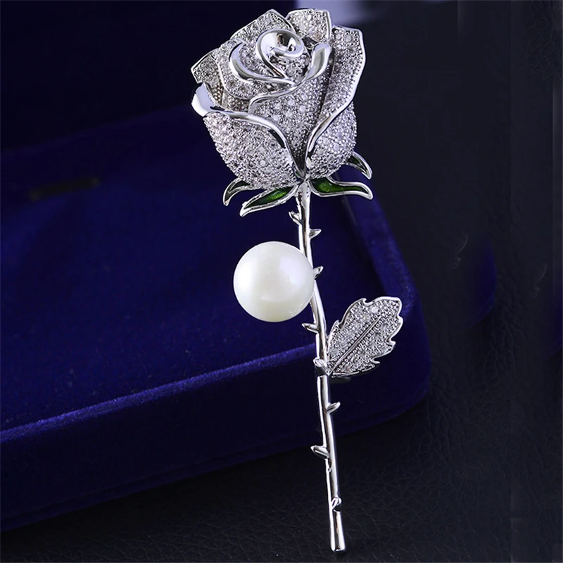 

Graceful Rose with Pearl Women Brooches Pins Fashion White Zircon Brooch Crystal Flower Pin Engagement Wedding Accessory Jewelry