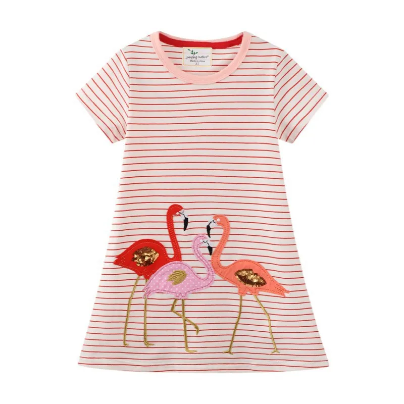 

Jumping Meters Girls Flamingo Embroidery Beading Children's Dresses Cotton Stripe Summer Short Sleeve Toddler Birthday Dress