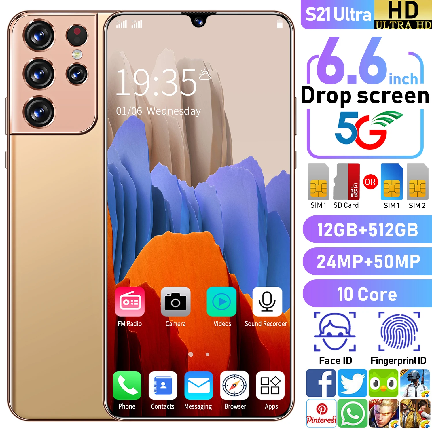 

2021New Global Version S21 Ultra Smartphone 12+512GB 6000mAh 6.6Inch Dual SIM Dual Standby Support Face ID 4G Android CellPhone