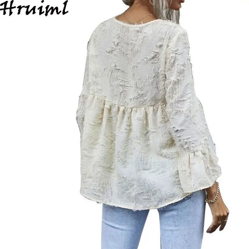 

Long Sleeve V-neck Top Casual Solid Color Fashion Personalized Blouse Women Holidays Elegant Long Sleeve Loose Shirt Office