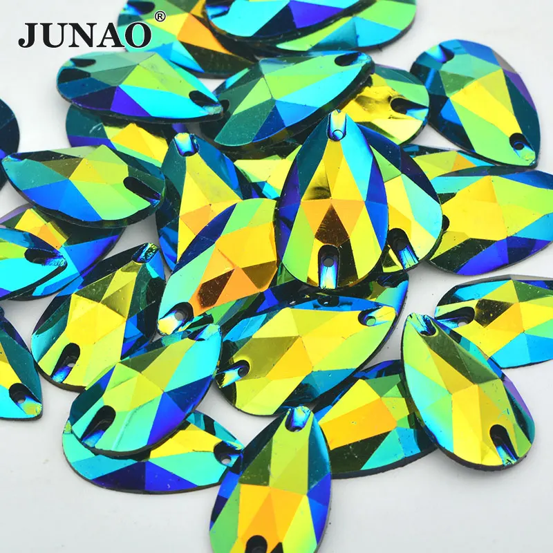 JUNAO, 17*28 мм, шитые большие хрустальные стразы AB, аппликация из смолы, стразы с плоской задней частью, камни для рукоделия - Цвет: Black AB