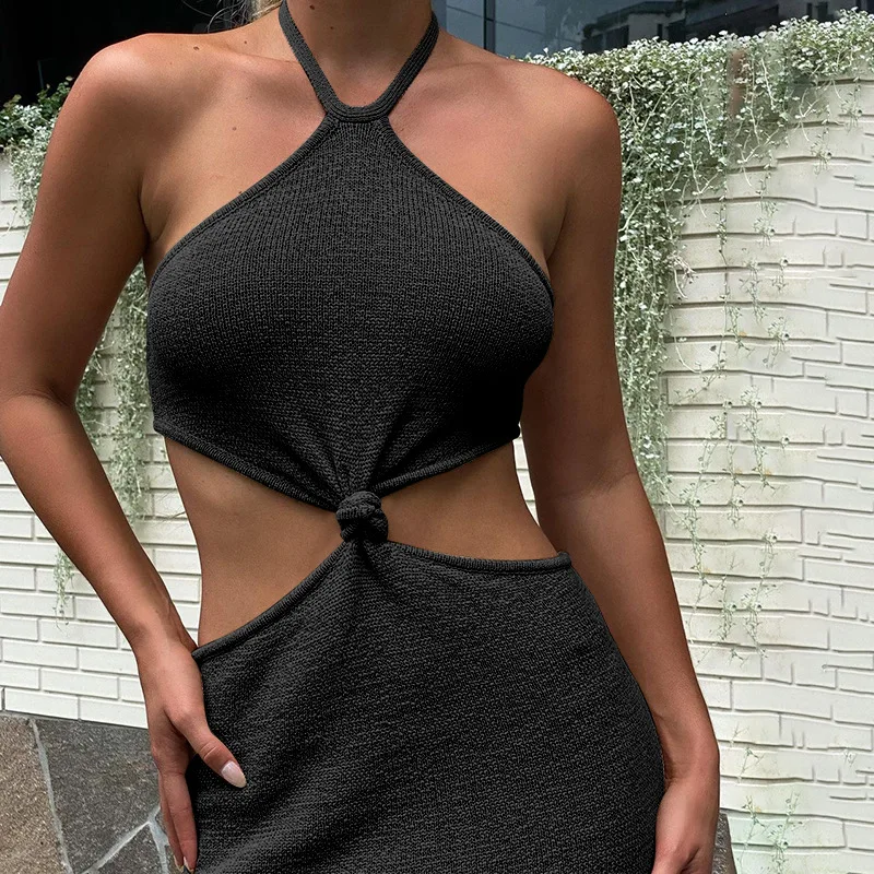 

2021 women's summer new women's wear neck open back sexy holiday hollow dress slim dress