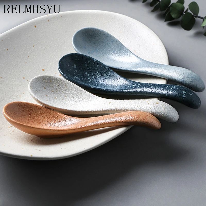 

RELMHSYU Japanese Style Ceramic Small Drinking Soup Porridge Eating Dinner Spoon Tableware