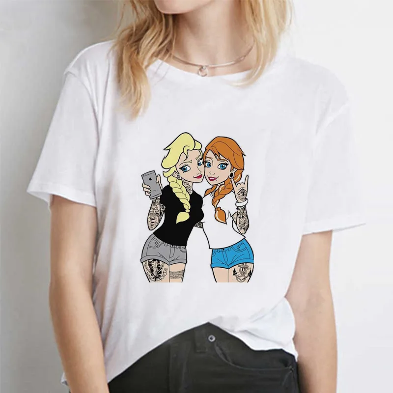 

Disney Harajuku T Shirt Summer Women Princess Cartoon Print Clothing Short Sleeve White Loose Tshirt Tattooed Tops Streetwear