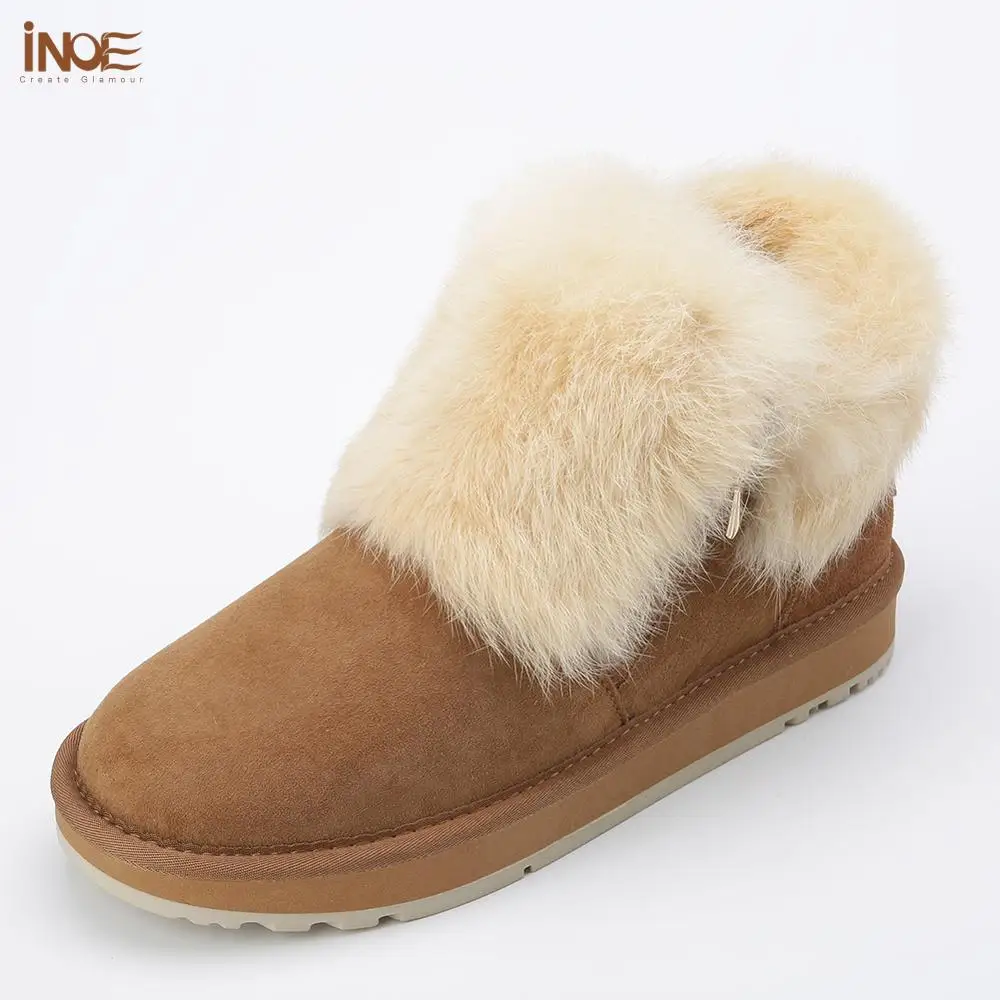 

INOE Fashion Cow Suede Leather Real Rabbit Fur Woman Casual Winter Ankle Snow Boots for Women Short Winter Shoes Zipper Style