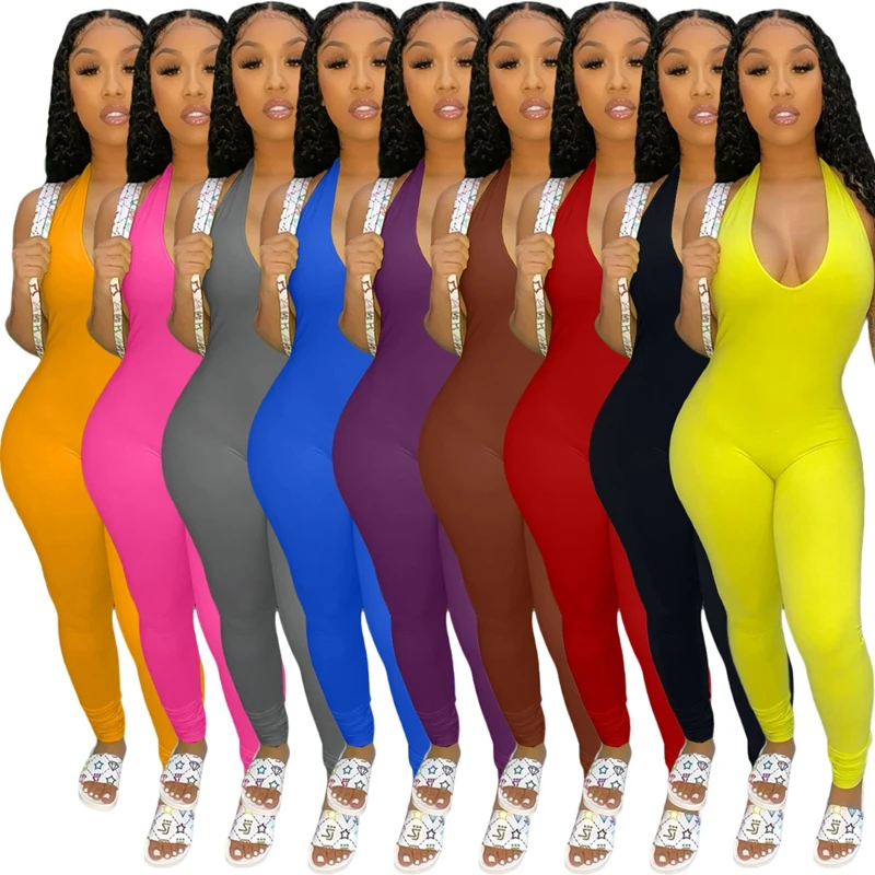 

ZKYZWX Halter Bodycon Jumpsuit Summer Clothes for Women Backless Off Shoulder Overalls Sexy Night Clubwear One Piece Outfits