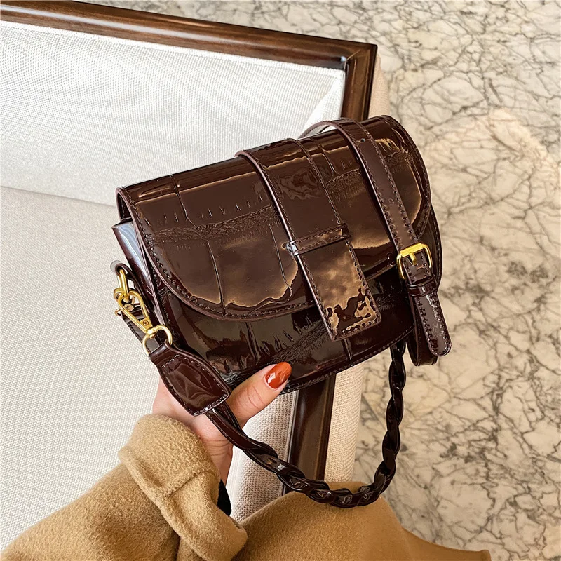 

Textured women's small bags 2020 new trendy fashion patent leather saddle bag messenger bag underarm bag versatile shoulder bag