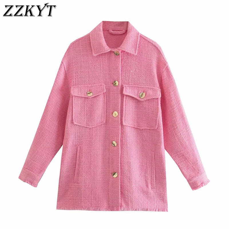 

ZZKYT 2021 Women Autumn Vintage Solid Tweed Jacket Coat Fashion Lapel Collar Long Sleeve Pockets Office Lady Female Chic Tops