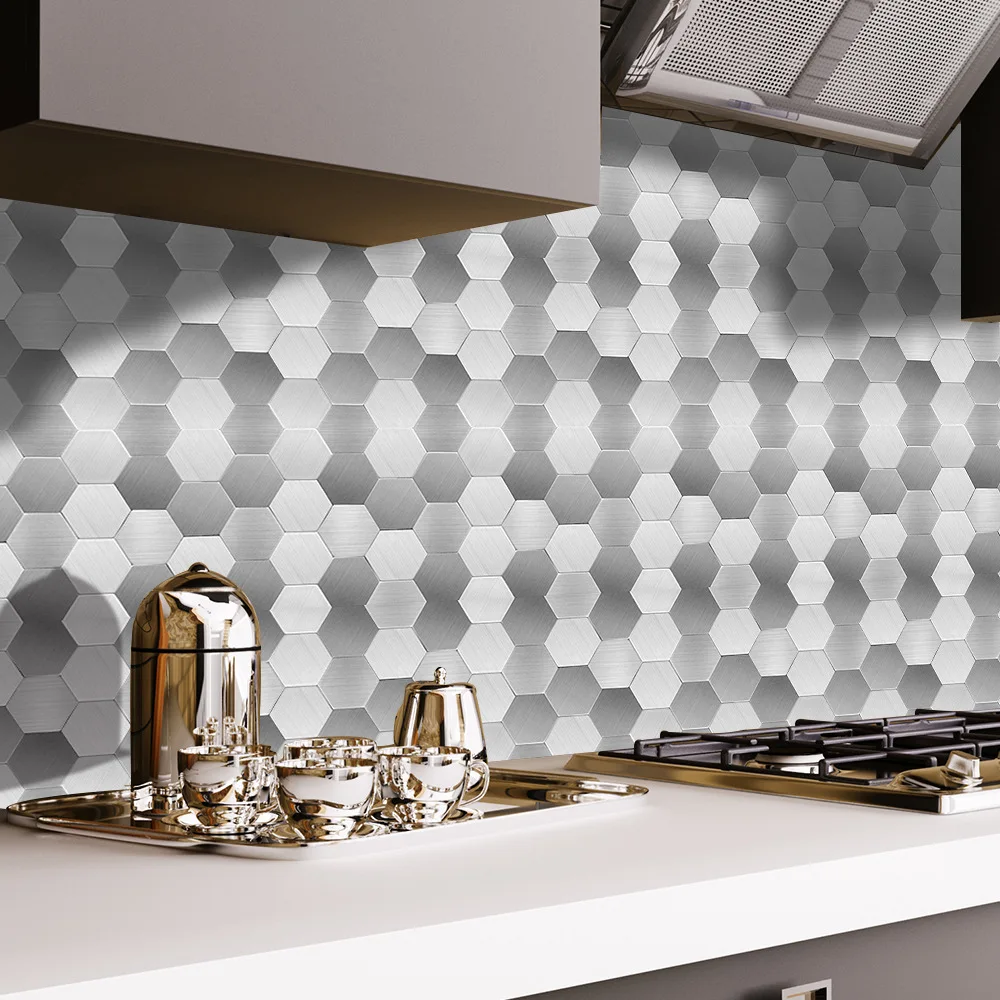 

Brushed silver hexagonal PVC waterproof self-adhesive wall sticker tile sticker kitchen bathroom decoration sticker SJ021