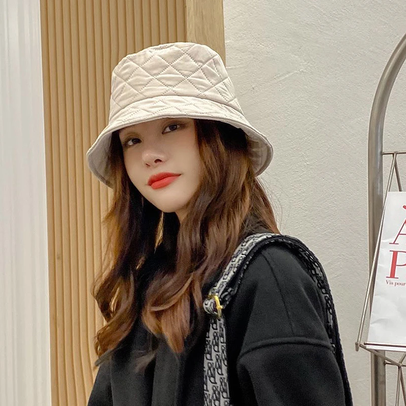 

Women Foldable Bucket Hats Solid Lattice Silk Wadding Caps Keep Warm Avoid Cold Basin Fisherman Hats Autumn Winter