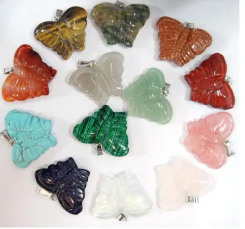 

Natural stone Quartz crystal Turquoises tiger eye Opal butterfly pendant for diy jewelry Making necklace Accessories 12Pcs