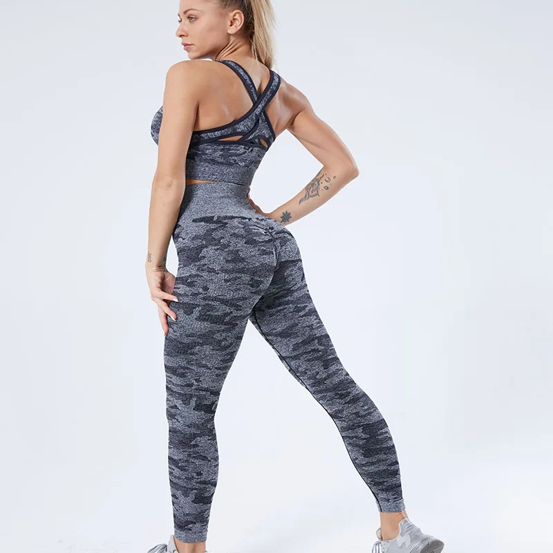 

NORMOV Workout Women Bras Summer Backless Cross Hollow Out Camouflage Print Spandex Underwear Fitness Breathable Bras