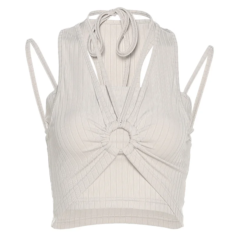 

Women Knitted Tank Top Two Pieces Sets Halter Sleeveless Ring Ruched Crop Top Summer Fashion Street Wear Clothes Yuqung