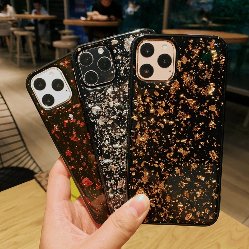 Блестящий блестящий черный мягкий силиконовый чехол из ТПУ с золотой фольгой и