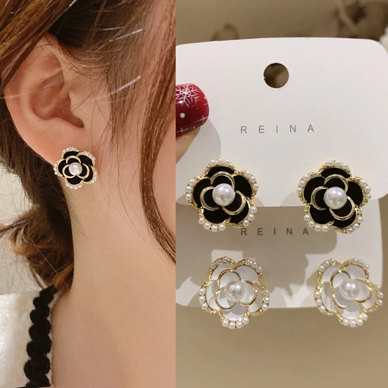 

2021 New Fahion Women's Earrings Fine Sweet Camellia Pearl Stud Earrings for Women Bijoux Jewelry Gifts Drop-shipping