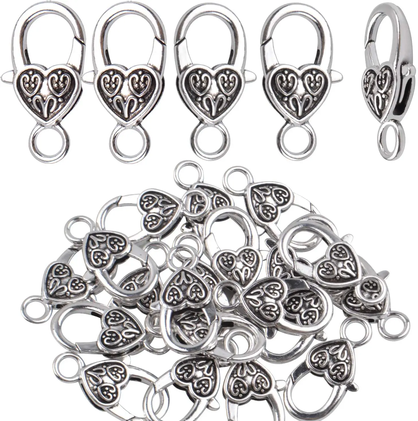 

20 Pieces Antique Silver Alloy Large Heart Lobster Claw Clasp Jewelry Cord End for DIY Making Necklace Bracelet, 2.6 X 1.5cm