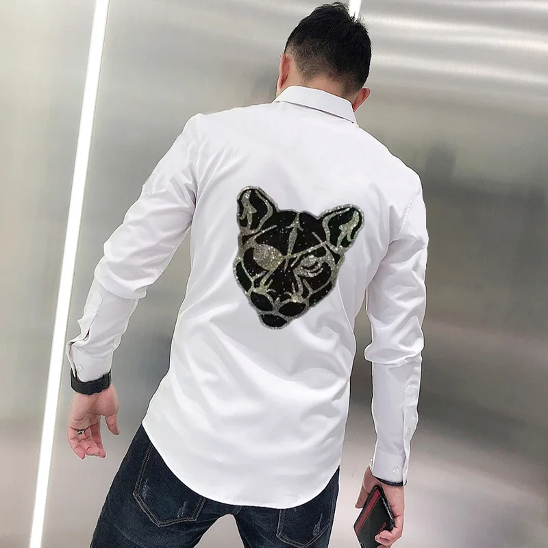

Top Quality Men's Shirt Exaggerated Hip-Hop Street Black Animal Hot Rhinestone Slim Brand Long Sleeves