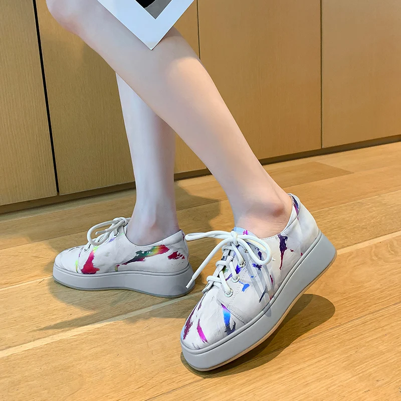 

autuspin Women Casual Shoes Mixed Colors Fashion Platform Flats 2021 Summer Genuine Leather Cross Tied Loafers Cowhide Oxfords