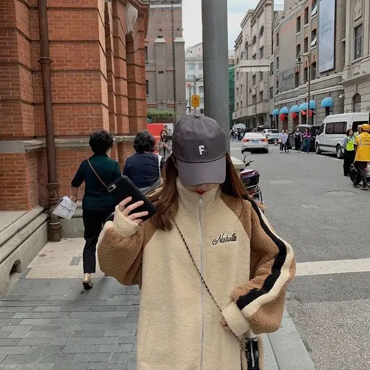 

Lamb Wool Coat for Women 2020 New Autumn and Winter Korean Style Loose Thick Color Blocking Baseball Uniform Jacket