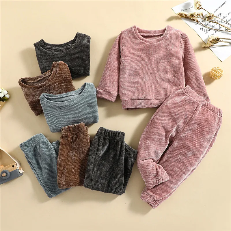 

Повседневная домашняя одежда для маленьких девочек и мальчиков, однотонный пуловер с длинным рукавом и круглым вырезом и брюки с эластичны...