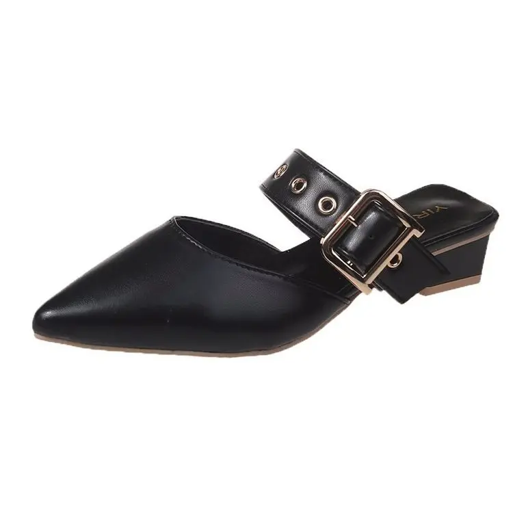 

Shoes Shallow Cover Toe Woman's Slippers Luxury Slides Low Square heel Pointed 2021 Designer Summer Block Basic Rome PU Fabric F