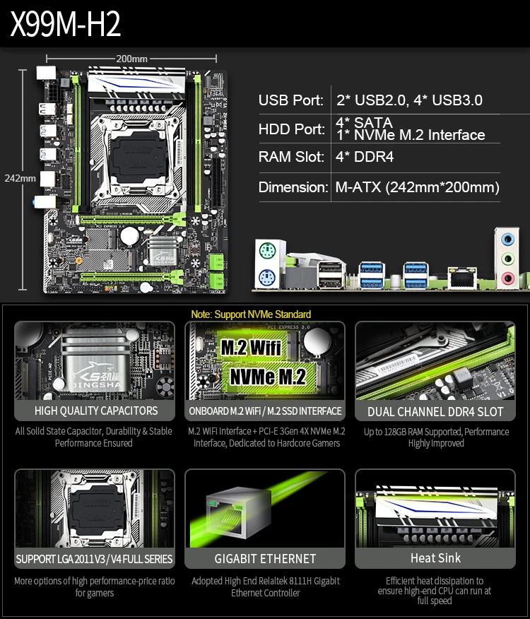 Jingsha X99 M H2 LGA 2011 3 материнская плата комбо 4 * DDR4 Оперативная память поддерживает