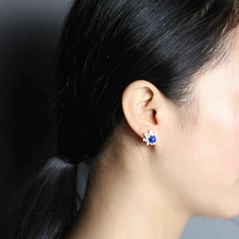 Женские серьги-гвоздики из серебра 925 пробы с цветком лотоса и Лазуритом |