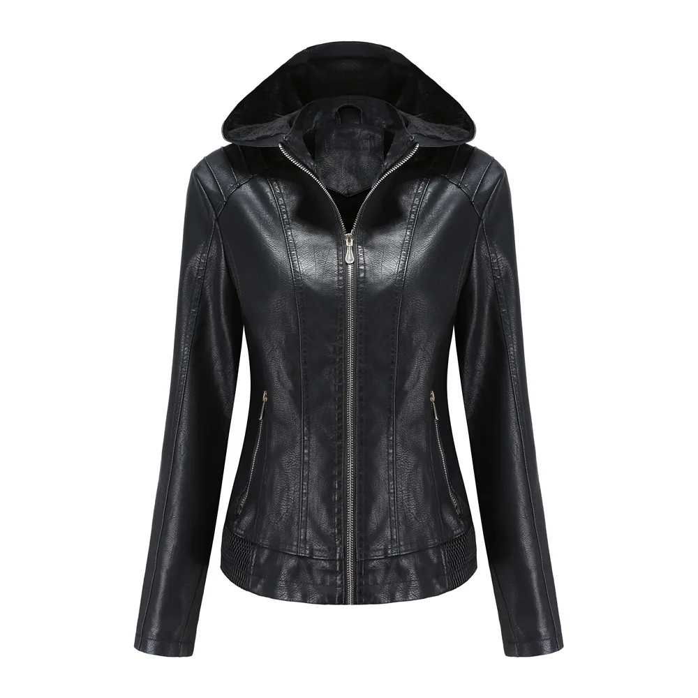 

2021 Brand Leather Women Jacket Long Sleeve Slim Solid PU Leather Outerwear Coat Jackets Velvet Keep Warm Hooded Womens Clothing