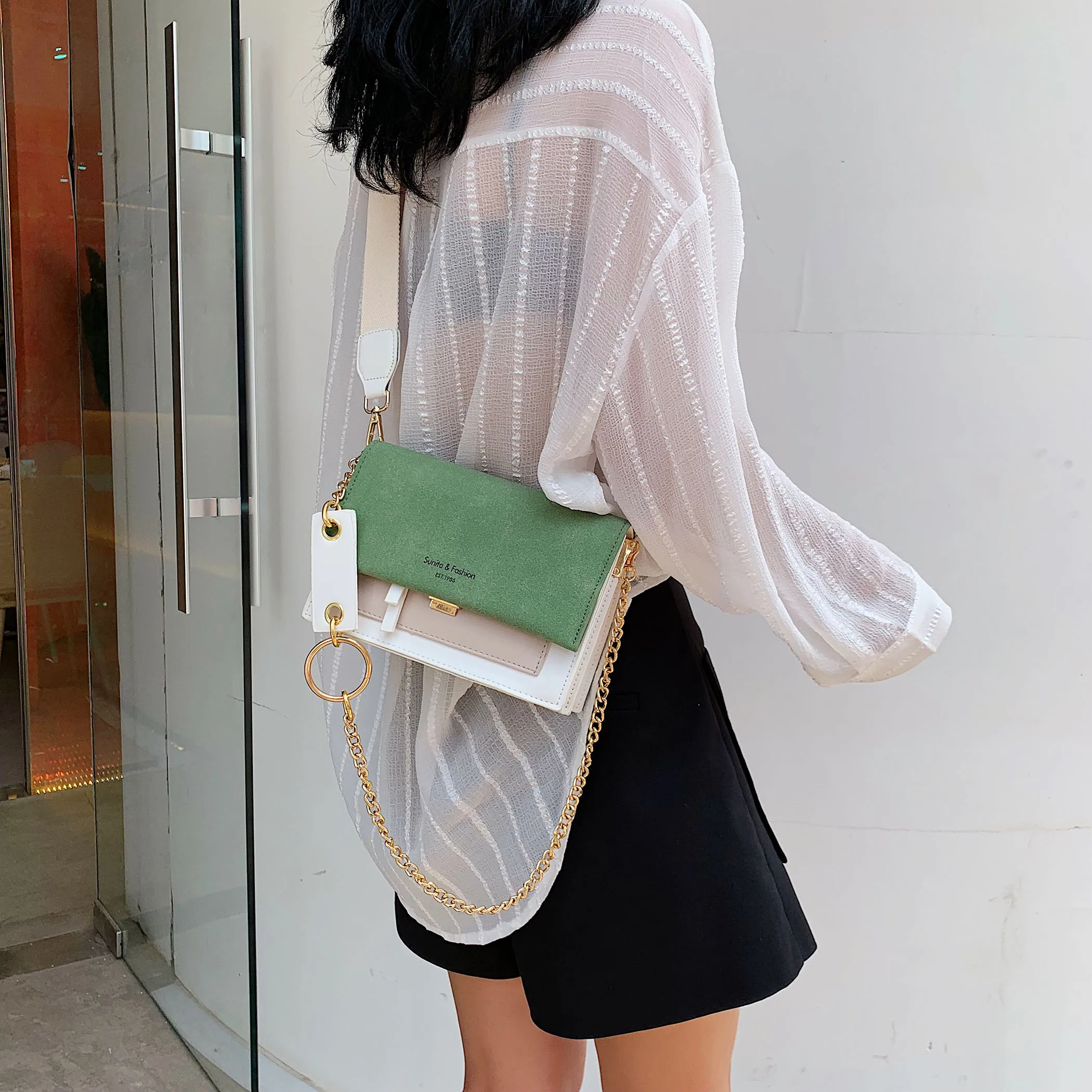 Скраб кожа контрастного цвета сумки через плечо для женщин 2019 цепь сумка женские