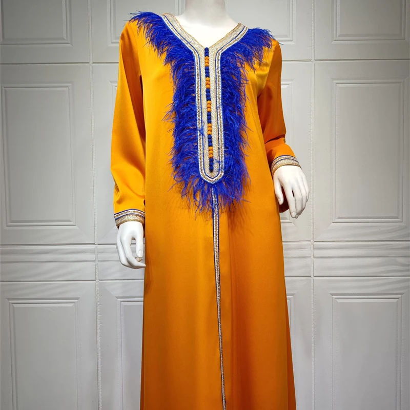 Женское атласное платье с перьями Galabia креп Марокканское арабское для женщин