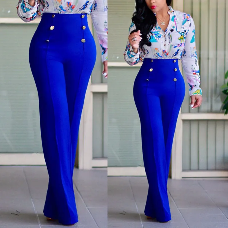 

Women Casual Stretch Trousers Elastic High Waist Decorative Buttons Loose Straight Pants Fashion Pants