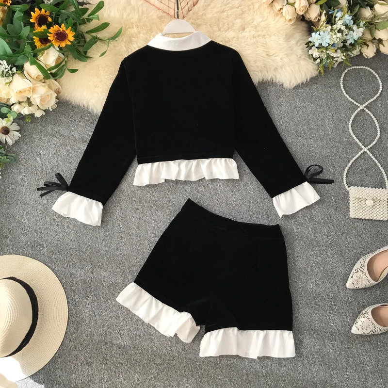 

Elegant Office Lady Velvet Blouse Top and Ruffled Wide Leg Shorts One Set