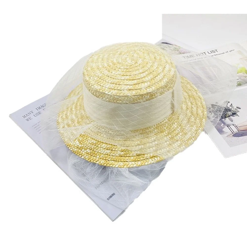 

Korean Parent-child Net yarn Straw Hat Summer Ladies Temperament Flat Top Sun Hat Beach Sun Gorros