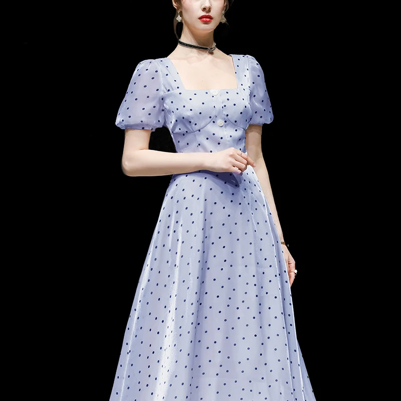 

French polka-dot dress temperament waist skirt short sleeve slim long dress women's summer dress 2021 new Rayon vintage