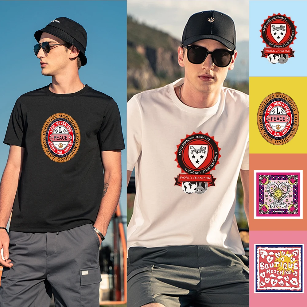 

Short-sleeved T-shirts (size S to XXXL) for men's fashion apparel with creative square and circular patterns. Pure cotton