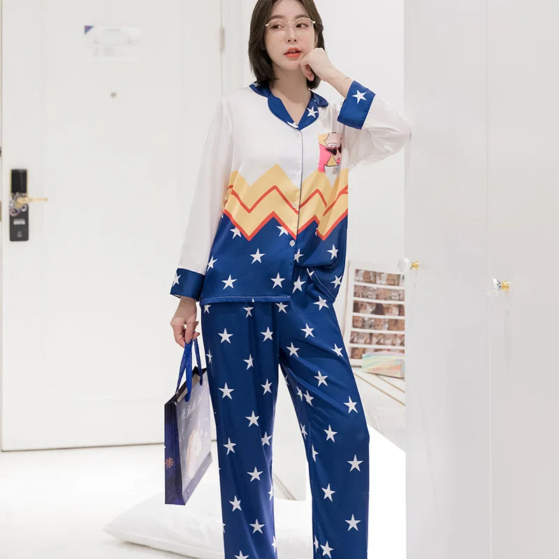 

Spring Star Printed Women Pajamas Lovely Rayon Sleepwear Long Sleeve Trousers Two Piece Suit Nightwear Homewear