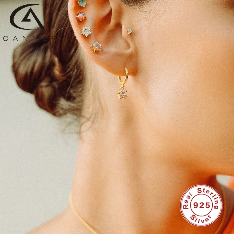 

CANNER Earrings For Women Real 925 Sterling Silver Earrings Hoops Zircon Pentagram Diamond Korean Silver Gold Jewelry Pendientes