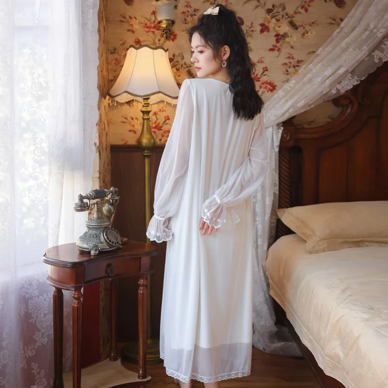 

Spring Princess Full Sleeves Vintage Embroidery Nightgowns Sexy Long Style V-Neck Modal Night Dress White Home Dress For Girls